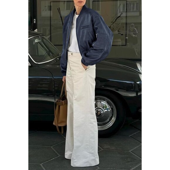 Women Dark Blue Faux Leather Cropped Bomber Jacket Baseball Collar Zip Up - Picture 6 of 6